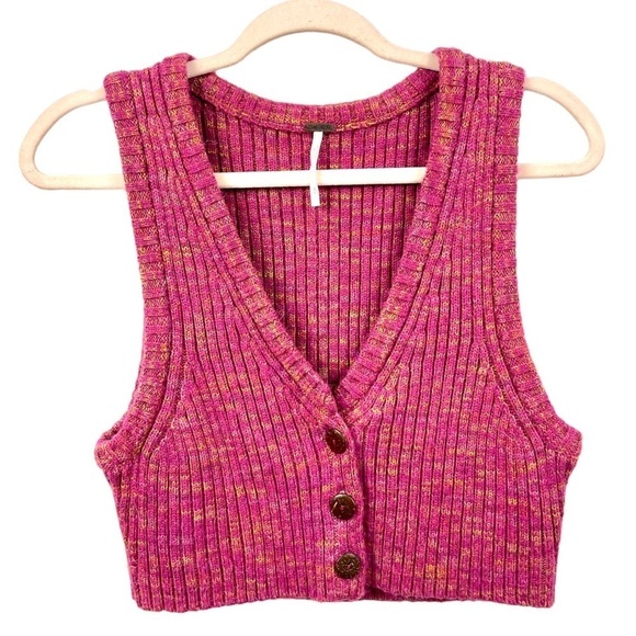 Free People Colby Marled Pink Cropped Alpaca Blend Ribbed Sweater Vest Size S - Picture 2 of 7